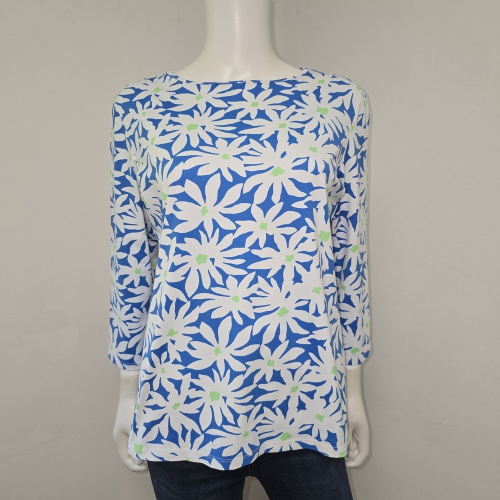 Melly M Top Size L Catalina Cloth Floral Golf Resort 3/4 Sleeve Stretch Preppy